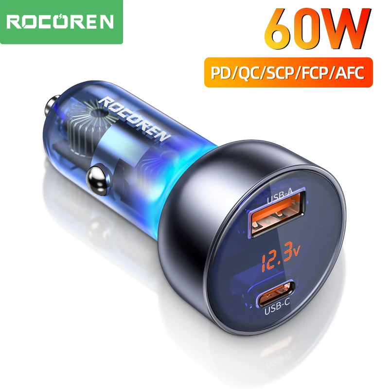 

Rocoren 60W USB Type C Car Charger PD QC 4.0 3.0 Fast Charging USBC Car Charger Adapter For iPhone 14 13 12 Xiaomi Samsung POCO