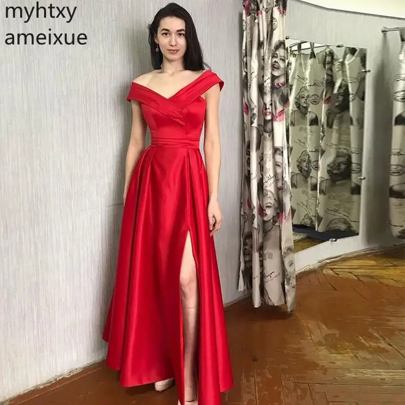 

Custom Elegant A-line Long Prom Dress Off Shoulder Front Split Red Sexy Satin Robe De Soiree Women Formal Party Full Length Gown