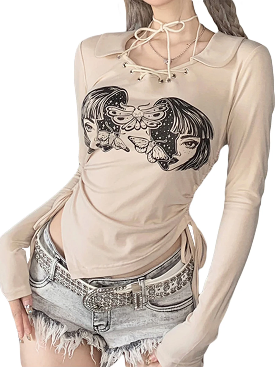 

Y2k Женская Осенняя гранж-фея с длинным рукавом с лацканами и портретным принтом Необычная футболка с графическим принтом для девочек
