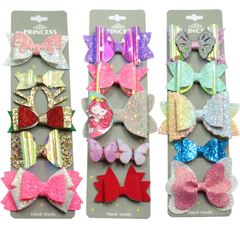 

5PCS/SET Pretty 5 Diff Baby Girls Clips Leather Bow Child Tie Knot Creativity Handmade Hairpins Hair Accessories For Kids 2021