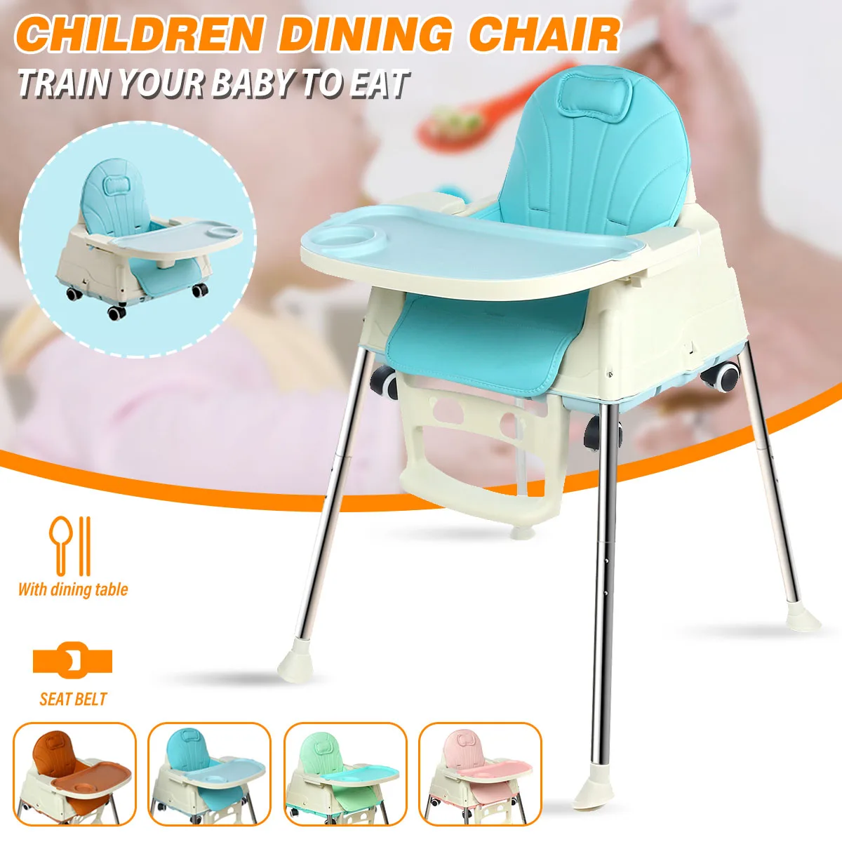 3 in 1 Baby Feeding Chair Dinner Highchair Table Kids Furniture Adjustable Height Pulley Play Chair Multifunctional EU STOCK