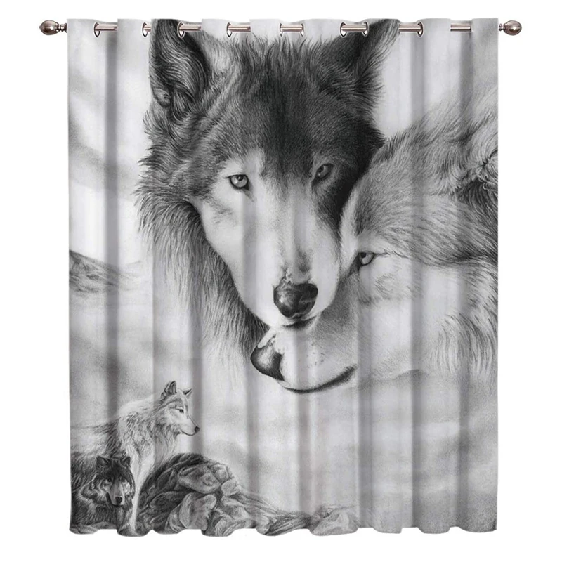 

Animal Themed Thermal Insulated Blackout Curtains, Wolf Lover Fantastic Scene Grey Room Darkening Window Drapes