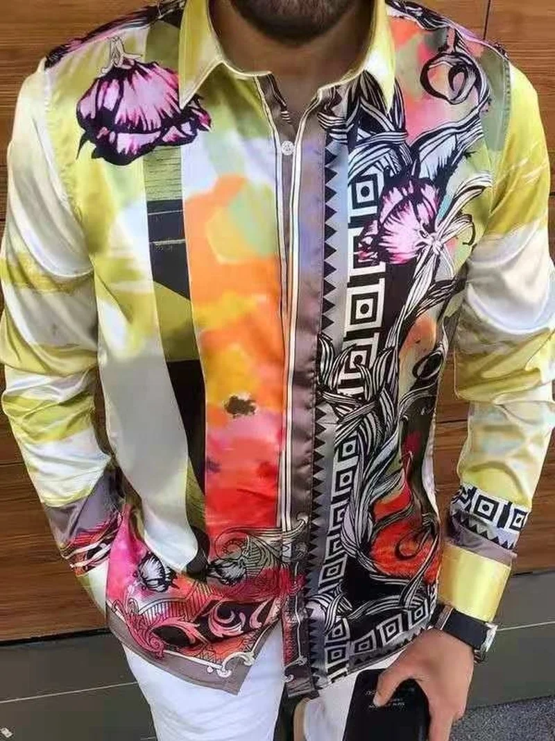 

2022 Palace color block printed long-sleeved shirt Casual Loose Turn-down Collar Mens Shirts Vintage Printing Button Tops