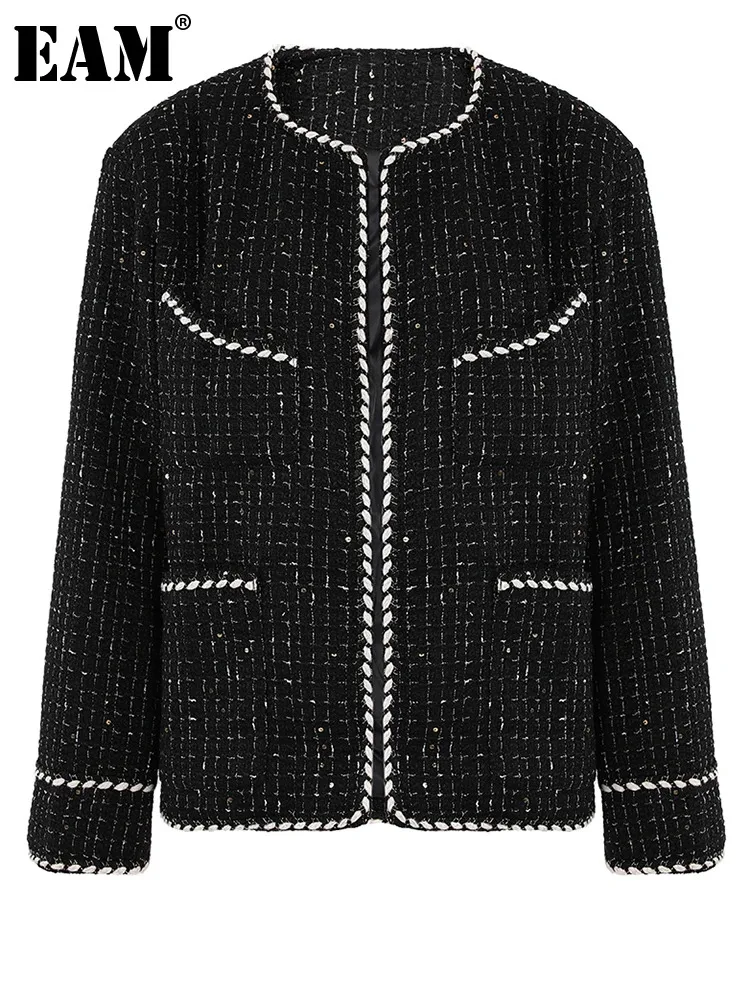 

[EAM] Loose Fit Black Elegant Big Size Tweed Jacket New O-neck Long Sleeve Women Coat Fashion Tide Autumn Winter 2023 CPG0731