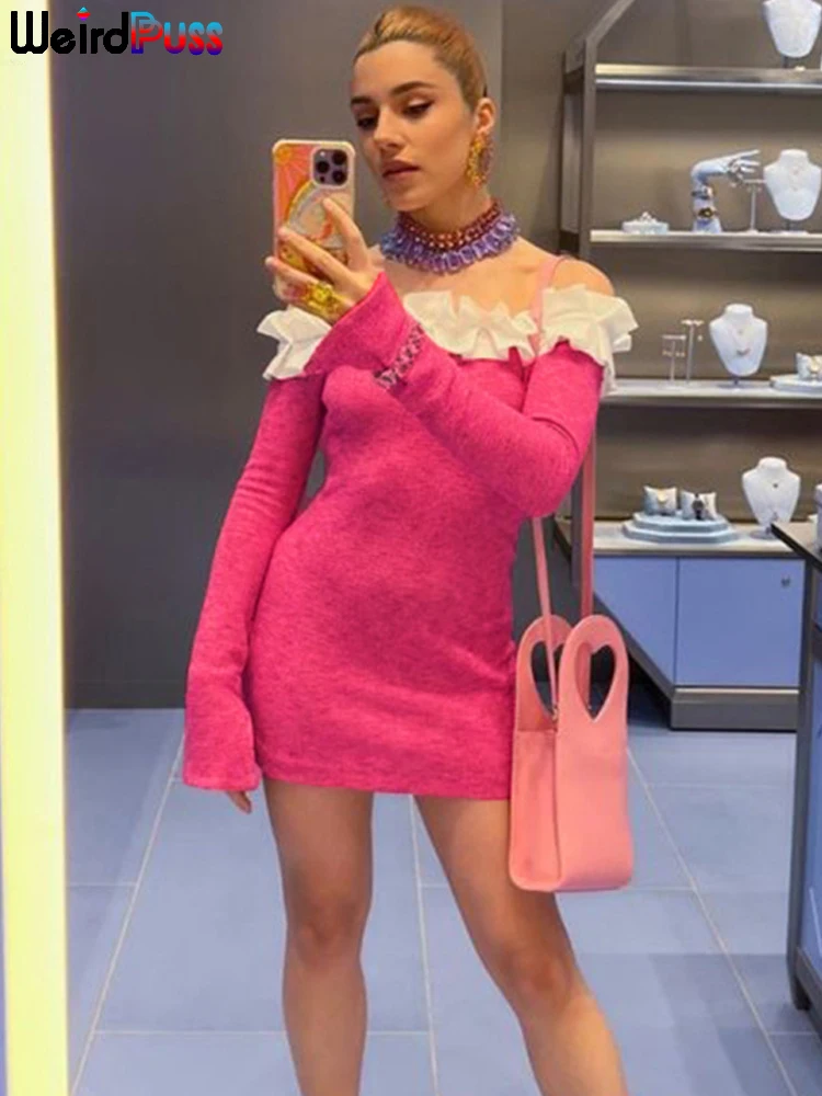 

Weird Puss Autumn Crochet Women Dress Patchwork Elegant Slash Neck Skinny Elastic Trend Chic Bodycon Party Vacation Streetwear
