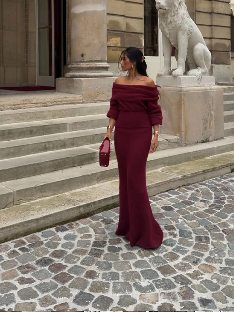 Модный винно-красный вязаный свитер с длинными рукавами элегантный мягкий