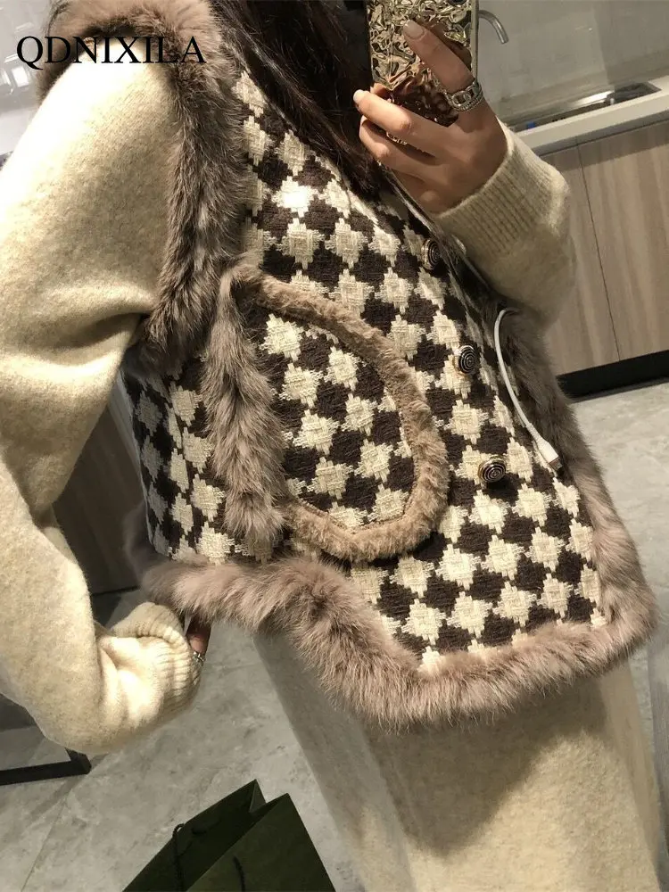 Women's Vest Jackets Faux Fur Coat Thousand Bird Checkered Fur Collar Vest Velvet Fur Waistcoat Sleeveless Vests for Women