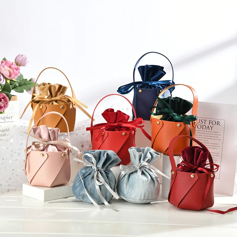 5Pcs Bag Gift Wrapping Mini Leather Gift Bag with Inner Bag Wedding Favors for Guests Box Party Distributions Bag with Handle