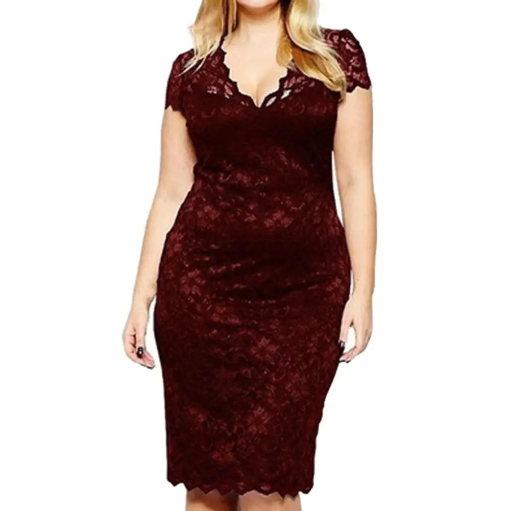 

2022 Fashion Women Sexy Lace Dress Hollow Out Deep-V Short Sleeve Slim Midi Party Dress Sexy Lace Hollow Out Slim Party Dresses