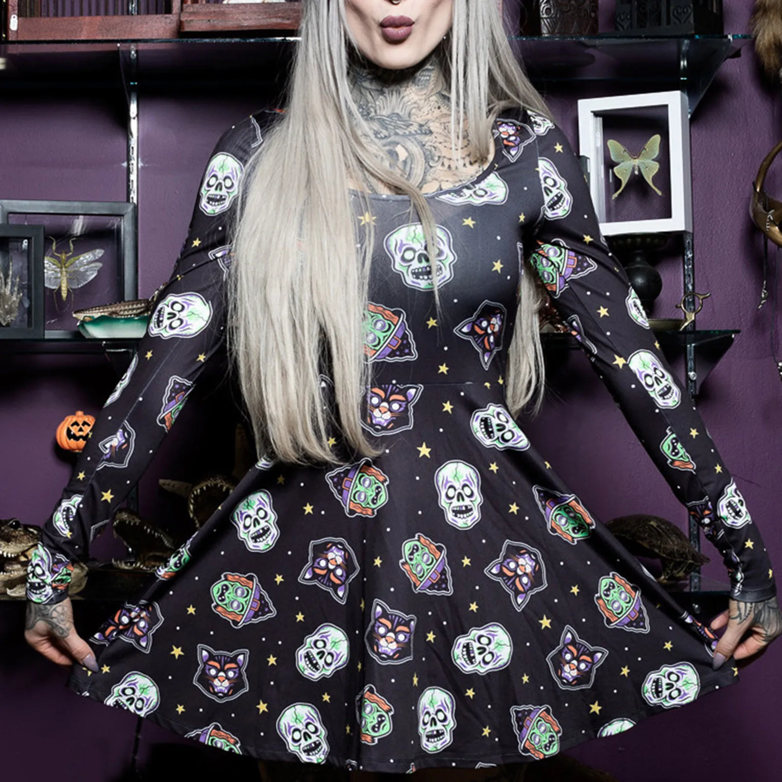 

Women Halloween Costume Festival Event Costume Print Dress