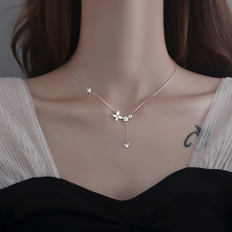 

925 Sterling Silver Butterfly Necklace Female Sweet Temperament Flower Clavicle Chain Party Birthday Gift Engagement Jewelry