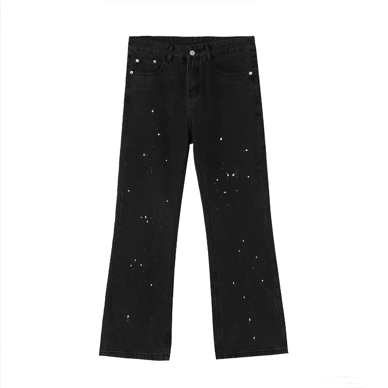 Men Black Gray Jeans Retro Wash Personalized Splash-ink Micro-ram Hem Korean Straight Jeans