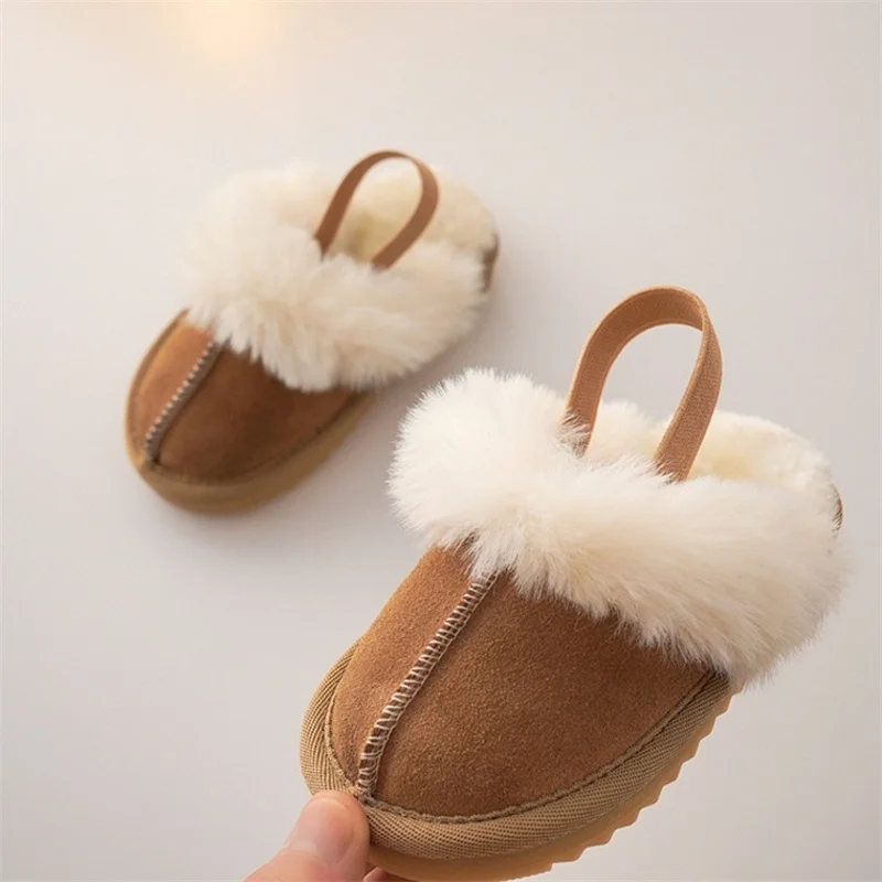 

Children Fur Slippers Retro Round Head Cotton Shoes Baby Girl Boy Winter Plush Warm Home Slippers Non-slip Kids Shoes pantuflas