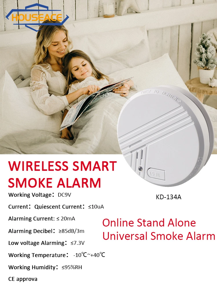 HOUSEACE High Sensitivity Wireless Smart Online Stand Universal Smoke Alarm Stablize Security Battery Operated Home Use KD-134A