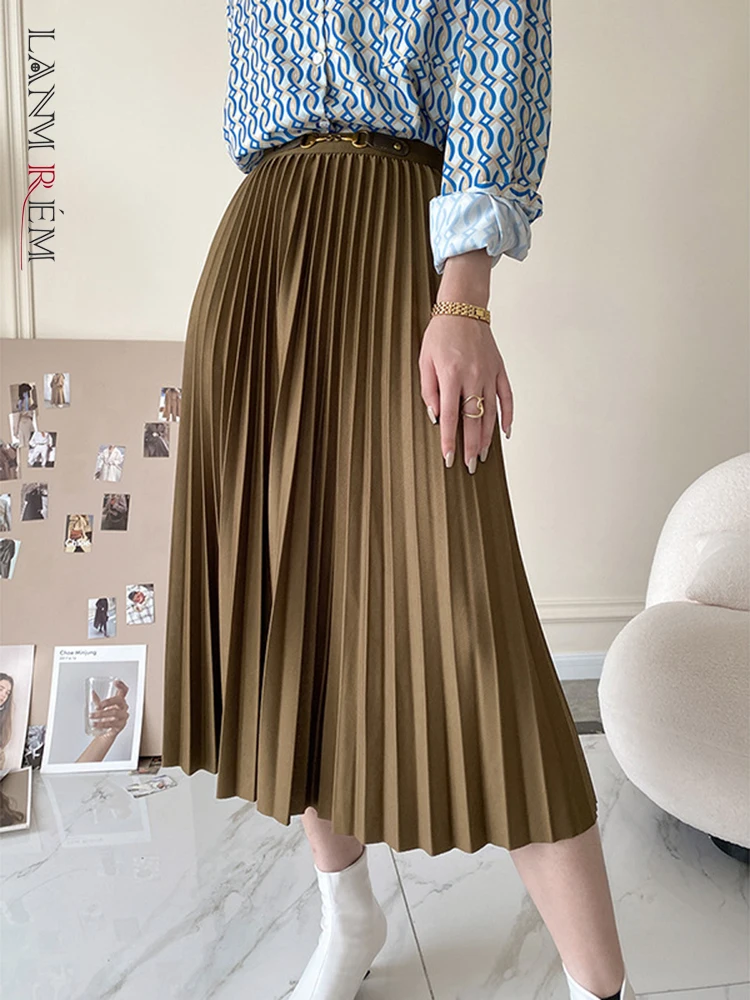 

LANMREM Pleated Design Sense Skirt For Women High Waist Solid Mid Length Metal Belt Skirts 2023 New Spring Clothing 2Q1048