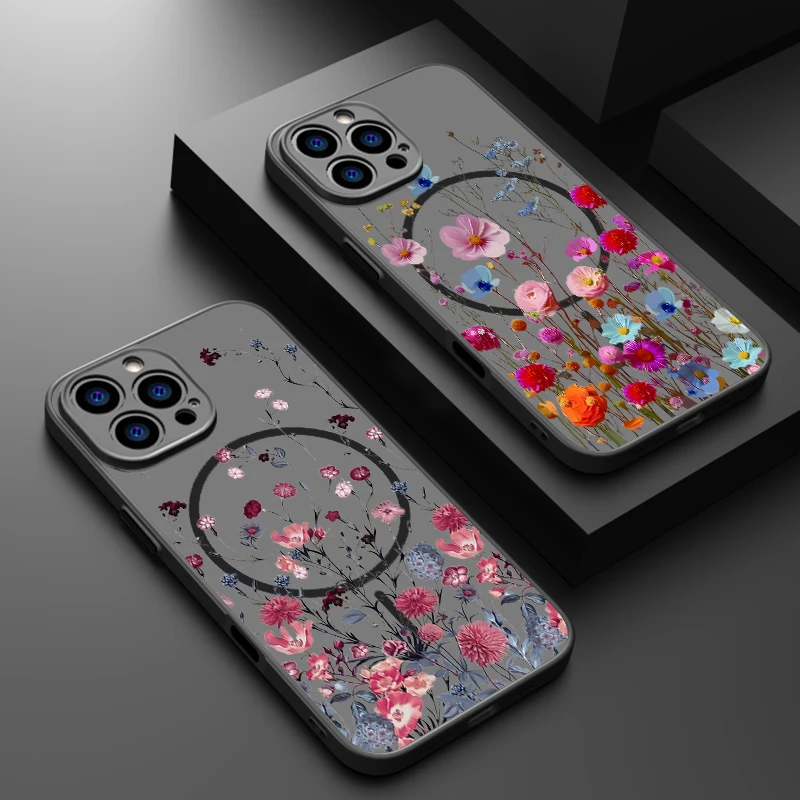 Фото Прозрачный матовый чехол для iPhone 17, 17e, 16e, 16, 15 Pro, 14, 13 Pro Max с поддержкой MagSafe, с принтом разноцветных маленьких цветов, задняя крышка №1
