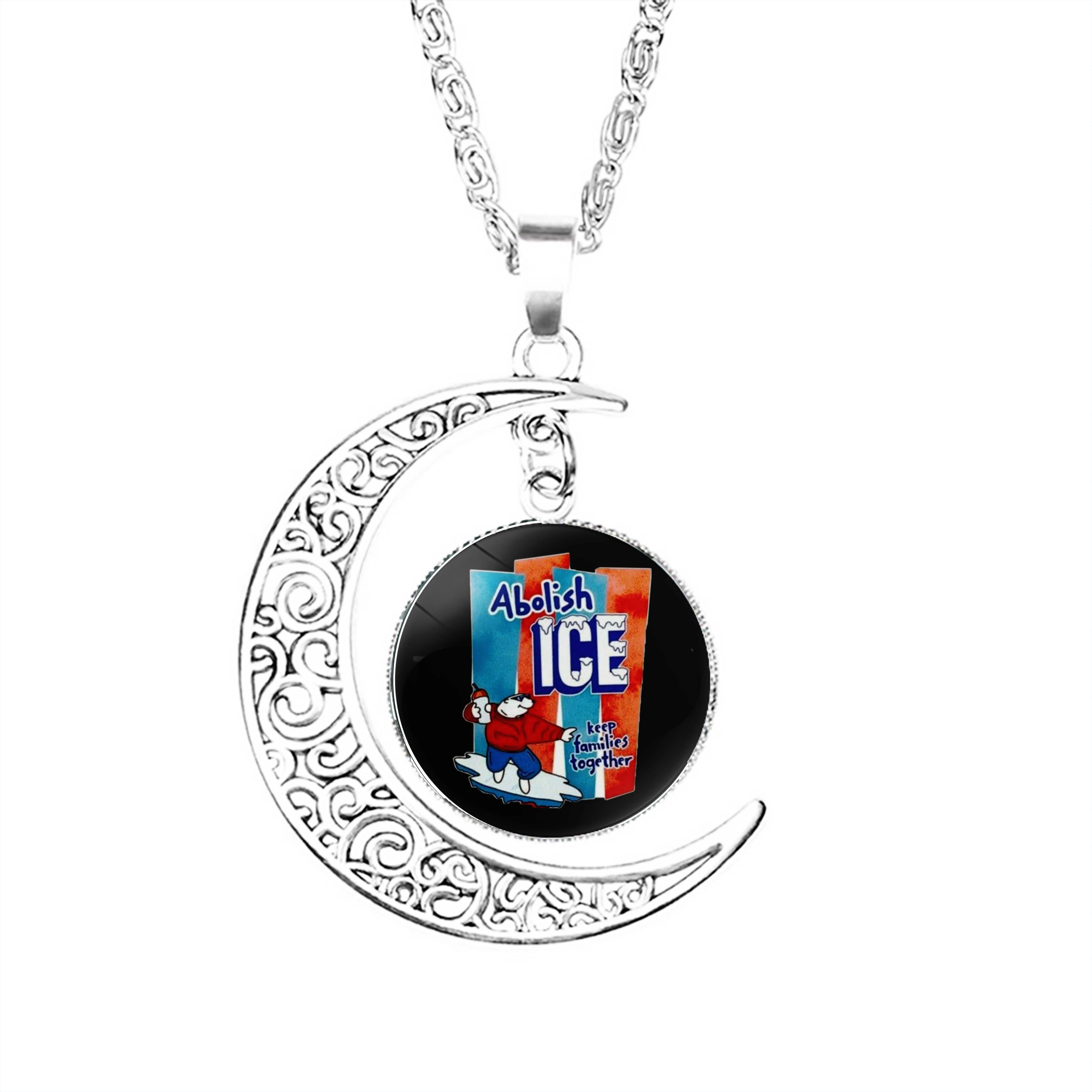 

Abolish I C E Sticker Terndy Moon Necklace Fashion Stainless Steel Lovers Men Girls Jewelry Pendant Accessories Party Dome