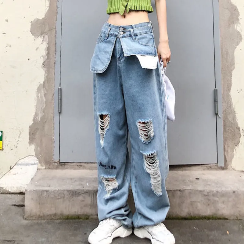 Loose Jeans High Waist Ladies Casual Ripped Button Jeans Wide Leg Light Blue Streetwear Retro Trend Pants Streetwear