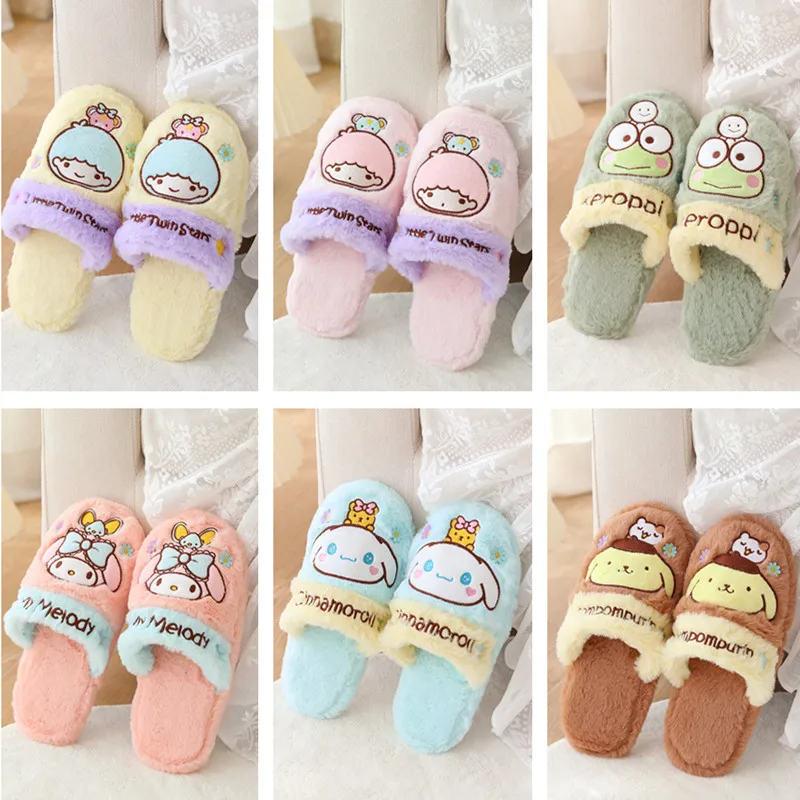 

Kawaii Sanrioed My Meldoy Cinnmoroall Kuromi Cartoon Girl Heart Keep Warm Home Slippers Indoor Plush Slip-On Cotton Shoes