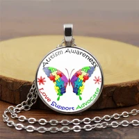 autism awareness butterfly pattern dome glass necklace creative jewelry pendant vintage sweater chain