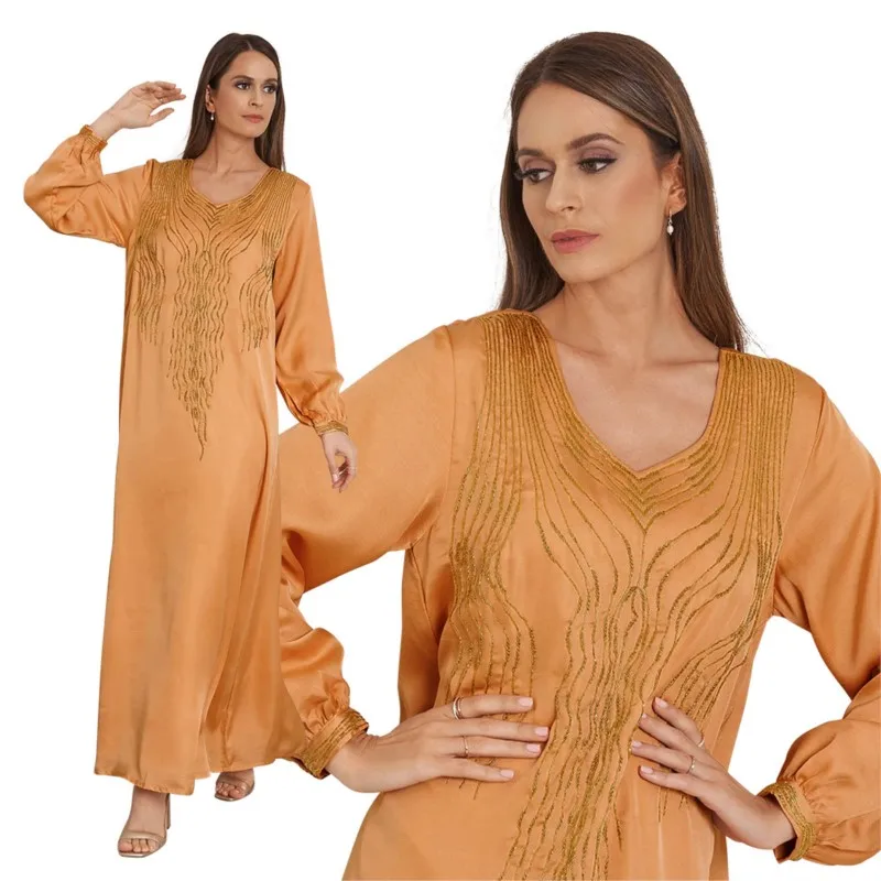 African Dress Elegant Women Loose Robe Muslim Maxi Dress Yellow Hot Diamond Long Sleeve Dress 2023 Casual Ethnic Costume Vestido