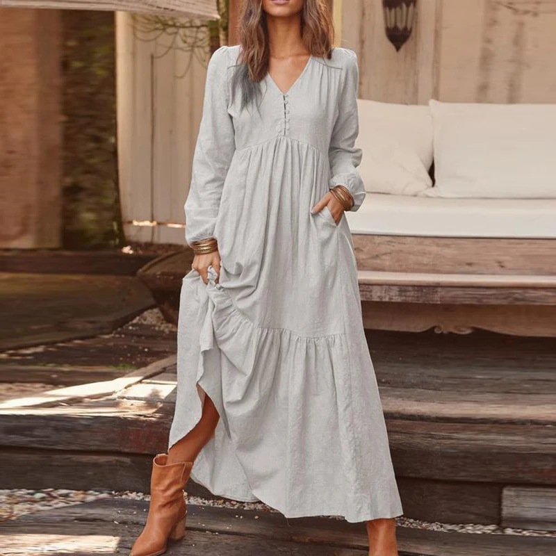 

Женское платье-рубашка с длинным рукавом, элегантный повседневный богемный сарафан-макси с V-образным вырезом, весна-осень 2022