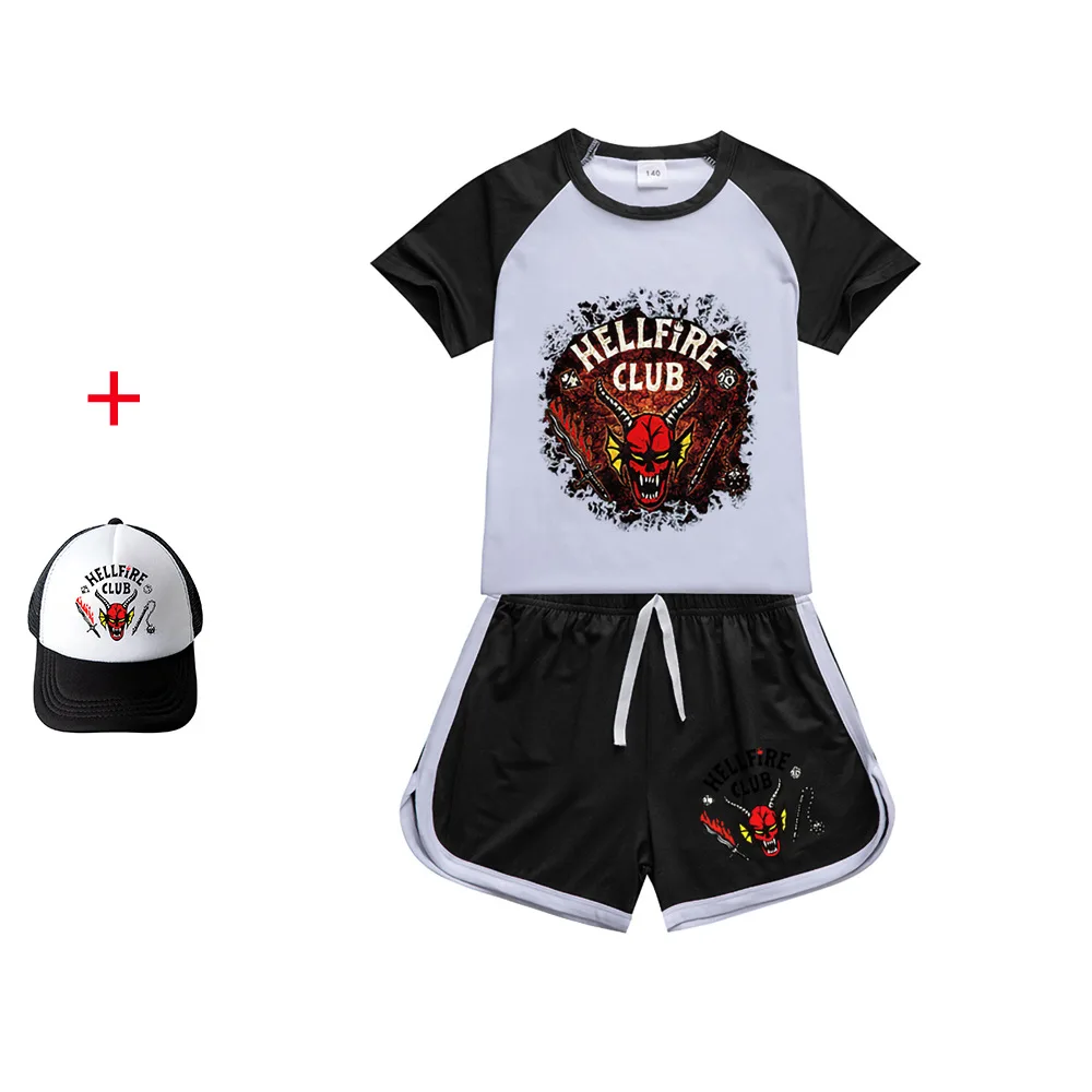 

Cartoon Stranger Things Season 4 Summer Boys Girls Printed Round Neck T-Shirt Shorts Home Leisure Sports Short Sleeve Hat Set