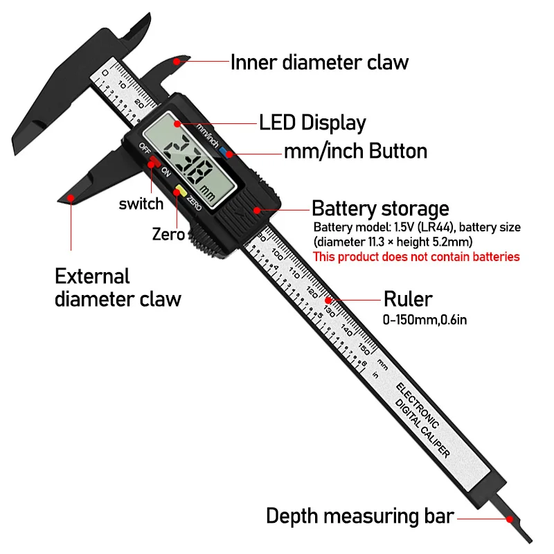 

Цифровой Штангенциркуль с нониусом, Электронный микрометр с ЖК-дисплеем, измерительный инструмент, пластиковая линейка, 0-150 мм, 6 дюймов