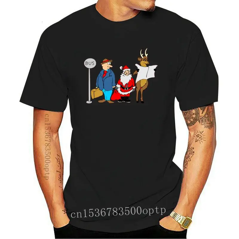 

Man Clothing New Christmas Bus Stop Santa Claus Deer Cartoon Print Men T-shirt Funny Custom Gift Tops Tees Red Fashion Family T
