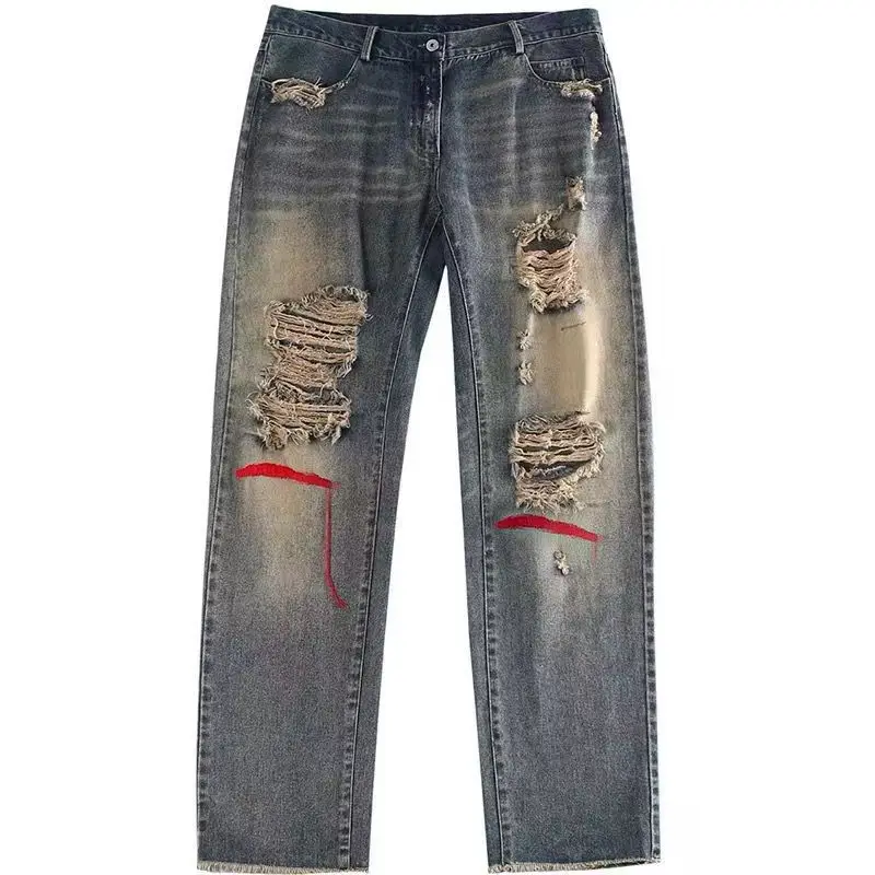 Woman Wide Leg Jeans Punk Pants Harajuku Broken Hole Smoke Gray Streetwear Low Waist Ripped Jeans Denim Trousers Do Old Cute