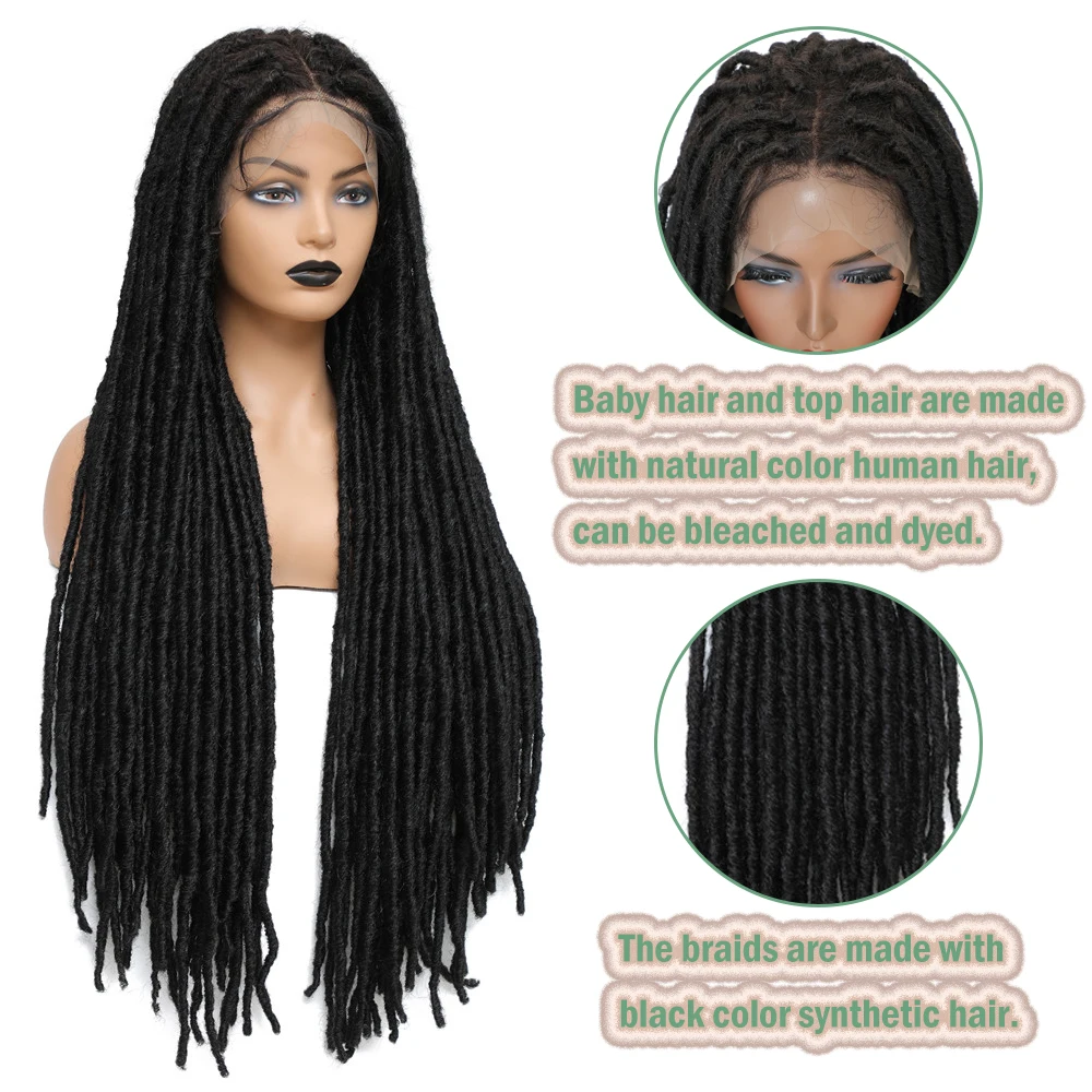 X-TRESS Braided Wigs Faux Locs Synthetic Lace Front Wig for Black Women 32 Inch Long Straight Dreadlocks 13X4 Free Part Lace Wig