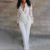 women white jumpsuit long sleeve lace stitching v neck large size wide leg long pants office lady jumpsuits for women