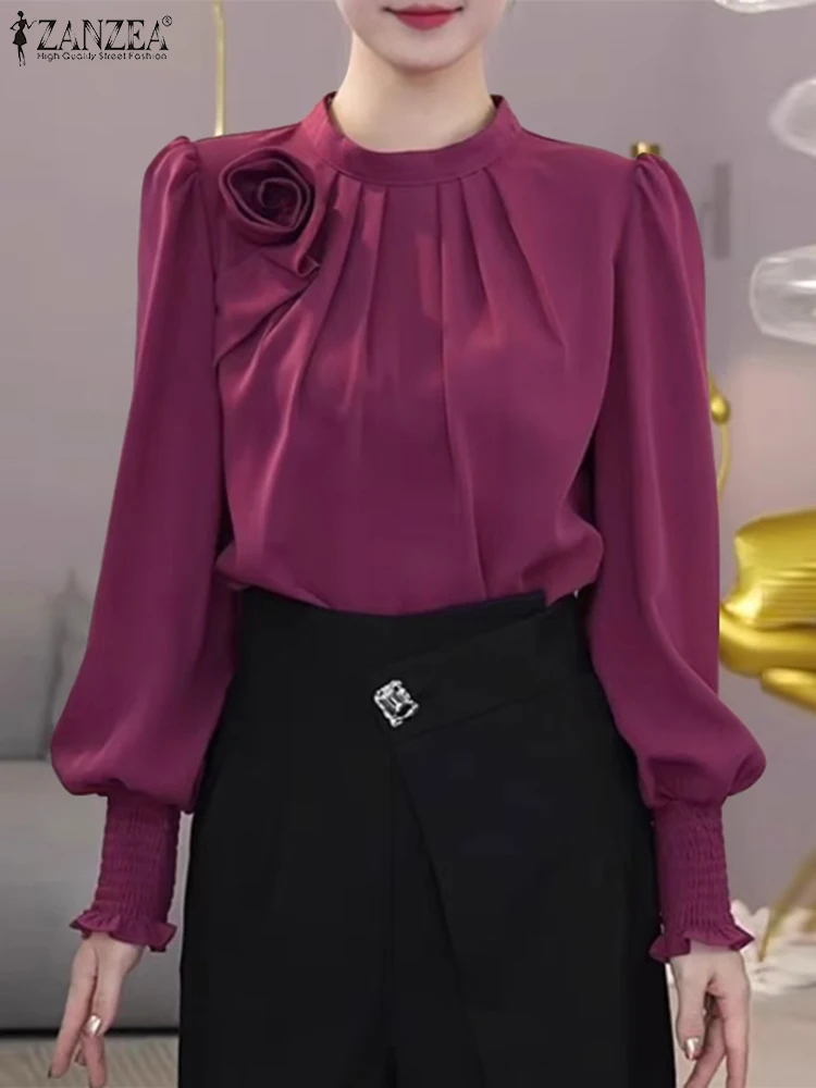 Блузка ZANZEA Женская атласная с цветочным 3D принтом винтажная дизайнерская