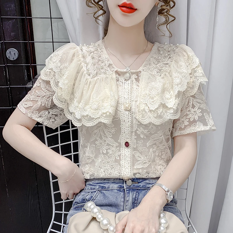

Fashion Beading Blouse Women Lace Shirt Summer Tops 2023 New Ruffles Korean Floral Embroidery Peter Pan Collar Clothes 24937