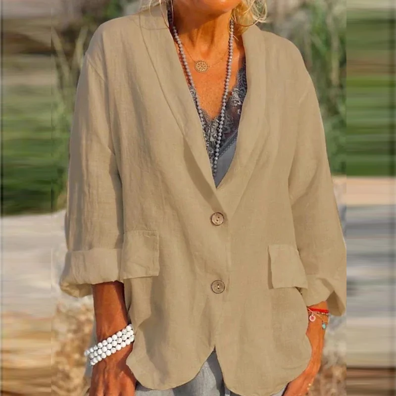 

Офисная куртка на пуговицах для женщин, винтажный однотонный пиджак из хлопка и льна с отложным воротником, верхняя одежда с длинным рукавом, осень