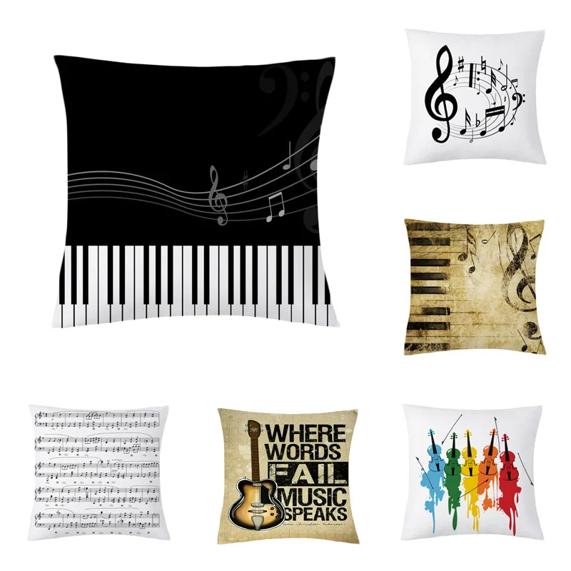 

Retro Musical Note Pillow Case Piano Violin Guitar Throw Pillow Case Cover Musical Instruments Decorative Pillowcases 45*45CM