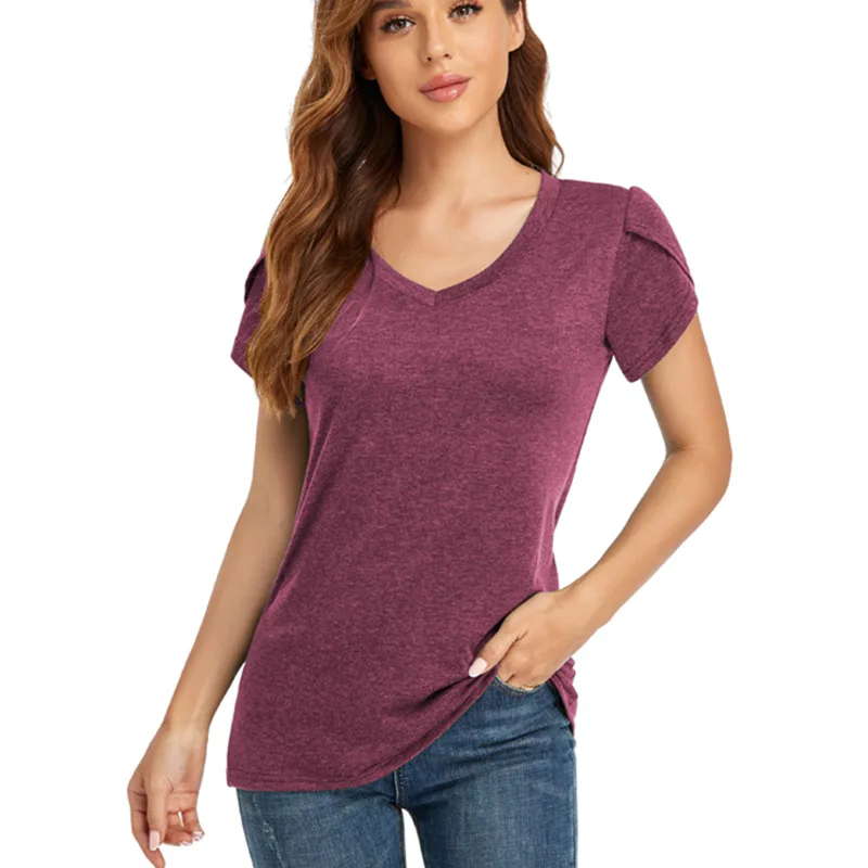 

Women's clothing spring and summer new solid color V-neck short-sleeved T-shirt loose casual top poker cards