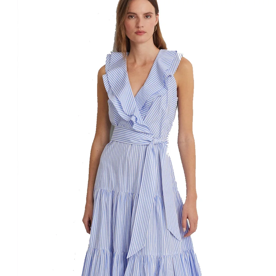 Женское платье с каскадными оборками элегантное в полоску без рукавов новинка