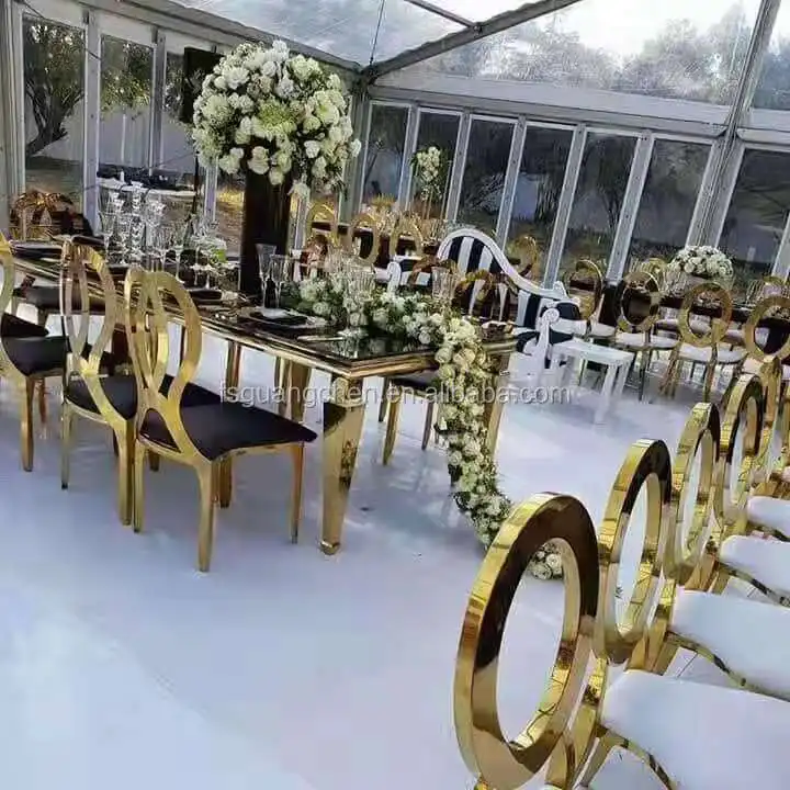

Mirror glass luxury furniture stainless steel wedding chair and table hotel metal dining table set for events wedding tables