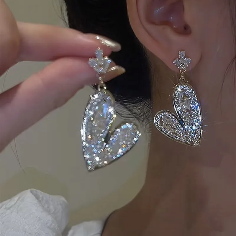 

Heart Full Rhinestone Crystal Earrings S925 Silver Needle Premium Eardrop Dress Accessories