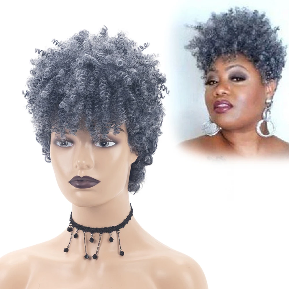 

Короткий кудрявый парик GNIMEGIL для чернокожих женщин, темно-серый синтетический афро кудрявый парик, натуральные, как настоящие серые волосы,...