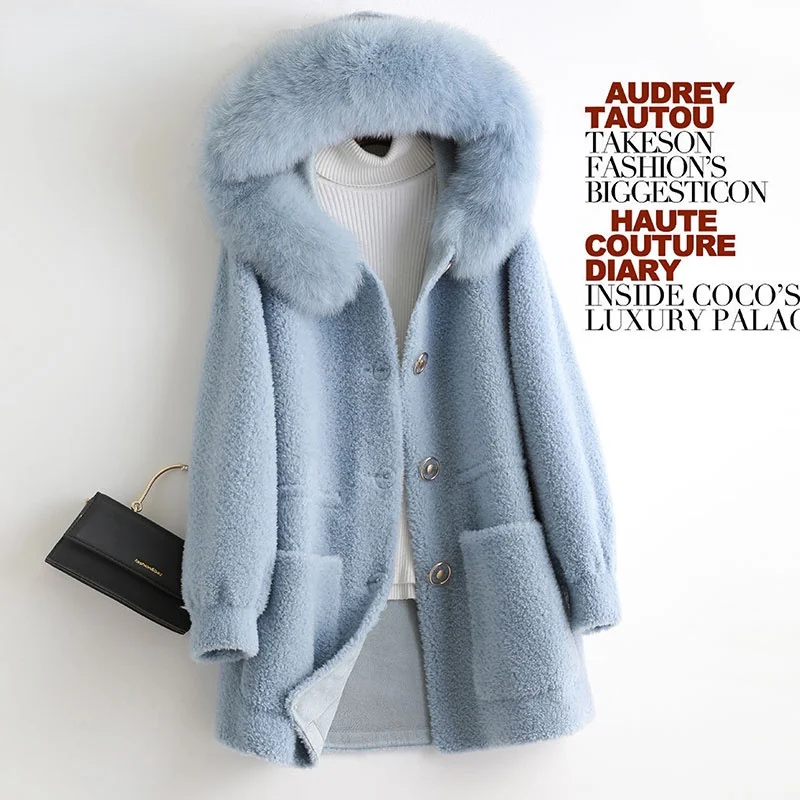 

Sheep 2023 Real Casual Hooded Shearing Coat Female Autumn Winter Fox Fur Collar Wool Jacket Women Casaco Feminino Gxy748