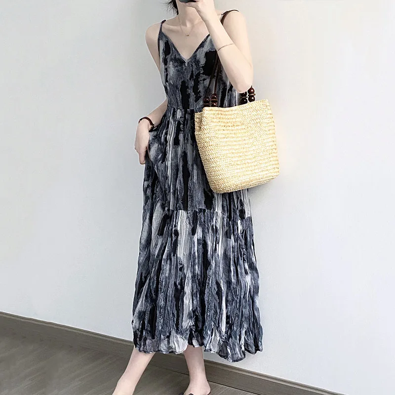 2023 Summer New Women's Dress Medium Length Ink Print Slip Pleated Strap 80710