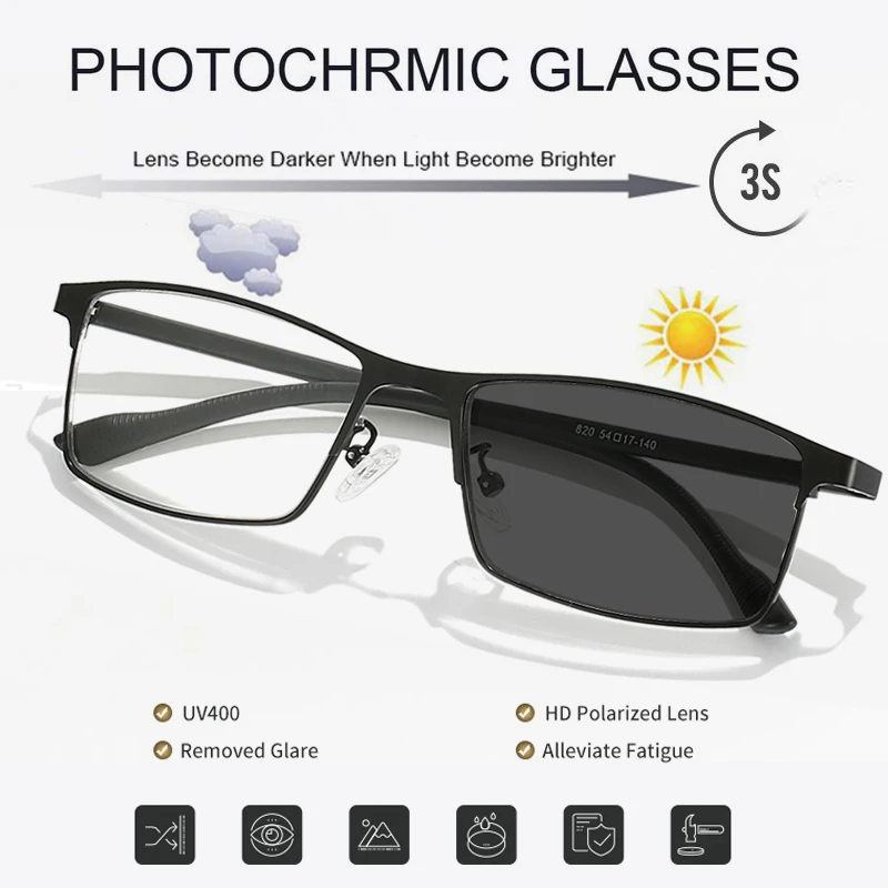 

High Quality Transition Photochromic Reading Glasses Men Full frame Anti-blue Light TR90 Finished Spectacles Outdoor 1.0 To 4.0