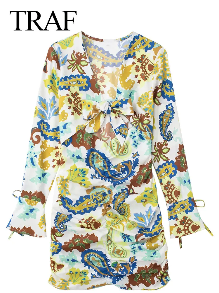 

TRAF 2022 Print Fashion Pullover Dress Long Sleeve Hollow Chic Lace Up Bow V-Neck Shirring Slim Sexy Mini Dress Elegant Clothing