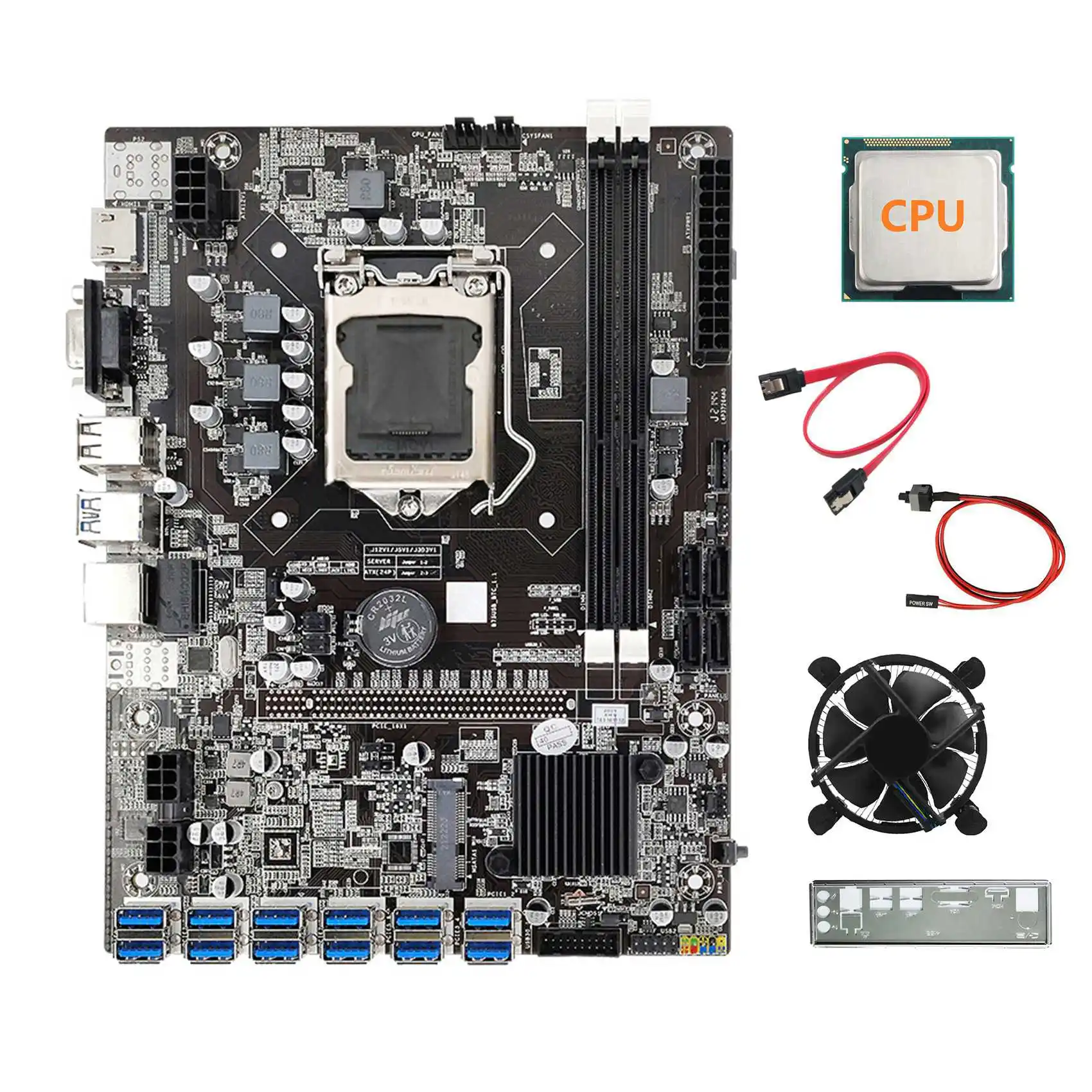 

B75 USB ETH Mining Motherboard+CPU+Baffle+SATA Cable+Switch Cable+Fan 12XPCIE to USB3.0 B75 BTC Motherboard