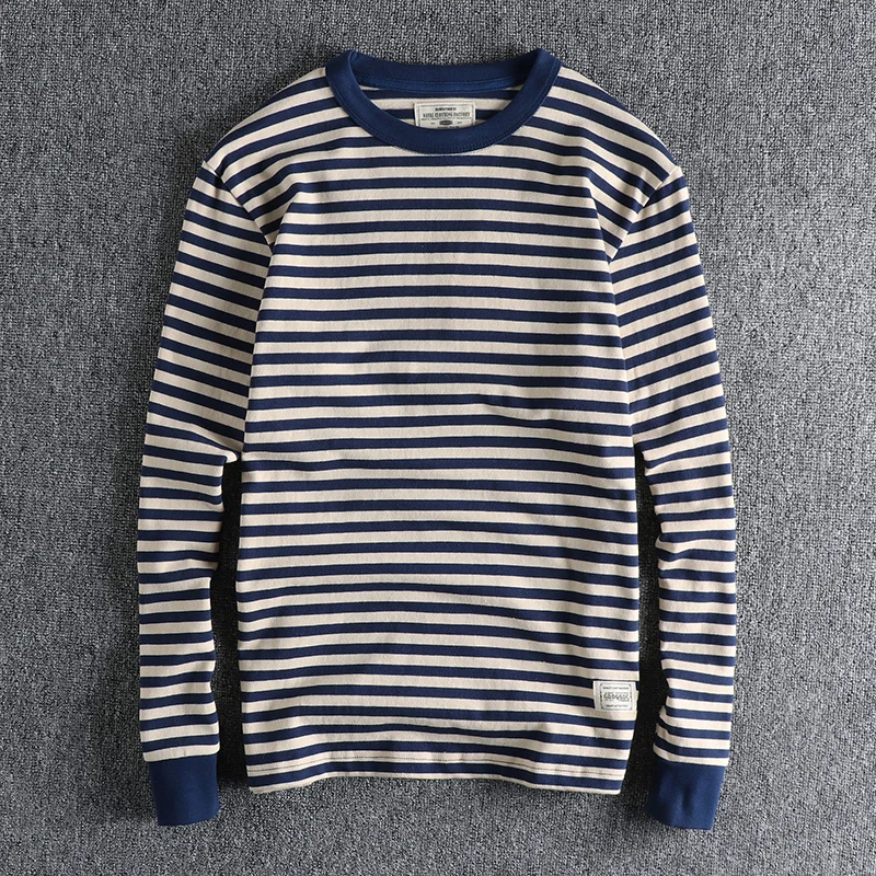 

Autumn Japanese Retro Heavyweight 280g Long-sleeved O-neck Striped T-shirt Men's Fashion Pure Cotton Washed Loose Casual Tops