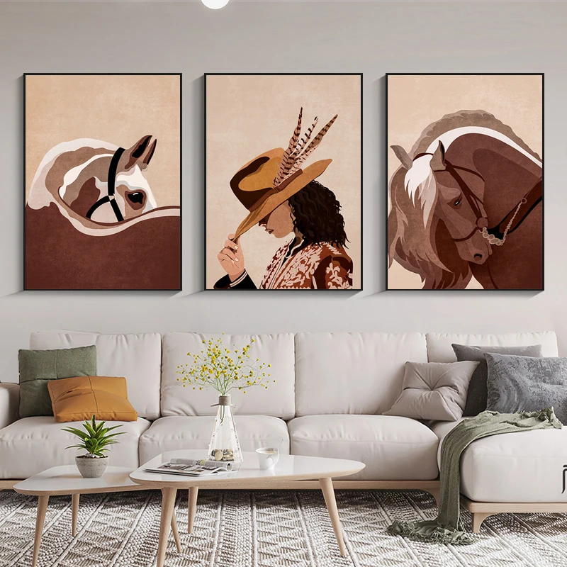 

Horses and Cowgirl Posters and Prints Canvas Painting Modern Minimal Animal Portrait Wall Art Pictures Home Bar Room Decoration