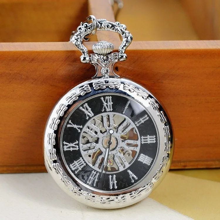 Luxury Mechanical Sliver Pocket Watch for Men Women Hollow Skeleton Dial Roman Dial Fob Chain Pendant Clock for Collection Gift