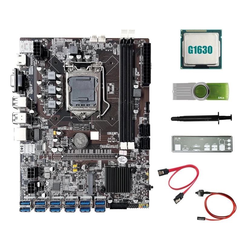 

B75 ETH Mining Motherboard 12USB3.0+G1630 CPU+64G USB Driver+SATA Cable+Switch Cable+Thermal Grease+Baffle For BTC Miner